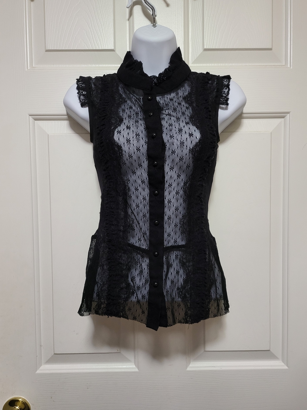 Xhilaration Black Sheer Lace Button-Front Blouse